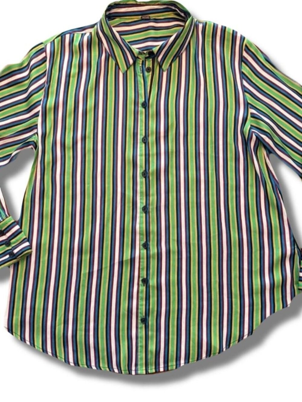 Free People Green and White Striped Button Up Shirt